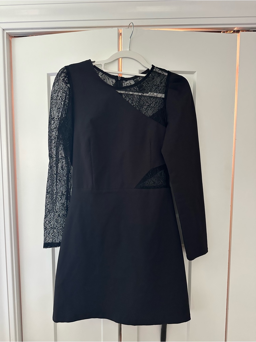 Zara Asymmetrical Black Lace-Sleeve Mini Dress